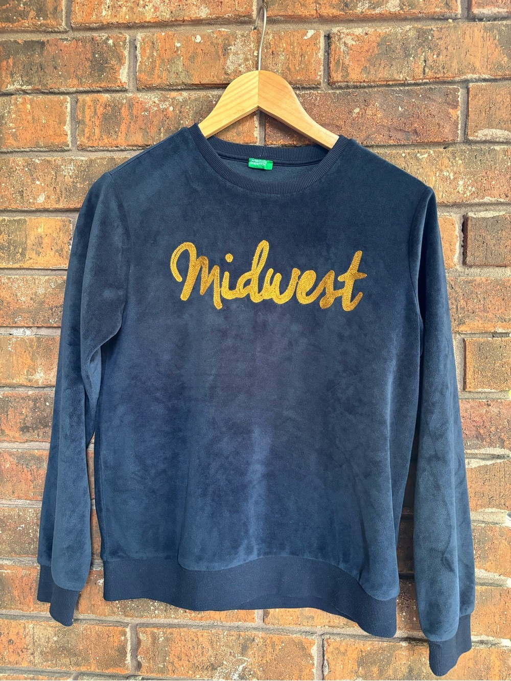 United Colors Of Benetton Velour Navy Blue Sweatshirt with Deep Marigold Script